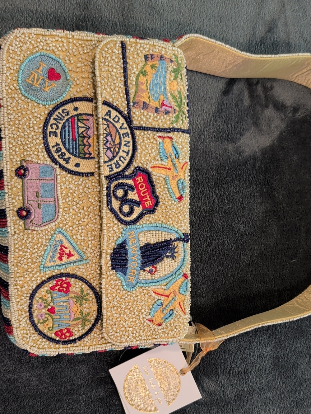 Route 66 Embroidered Beaded Patch Shoulder Bag in Cream and Multicolor